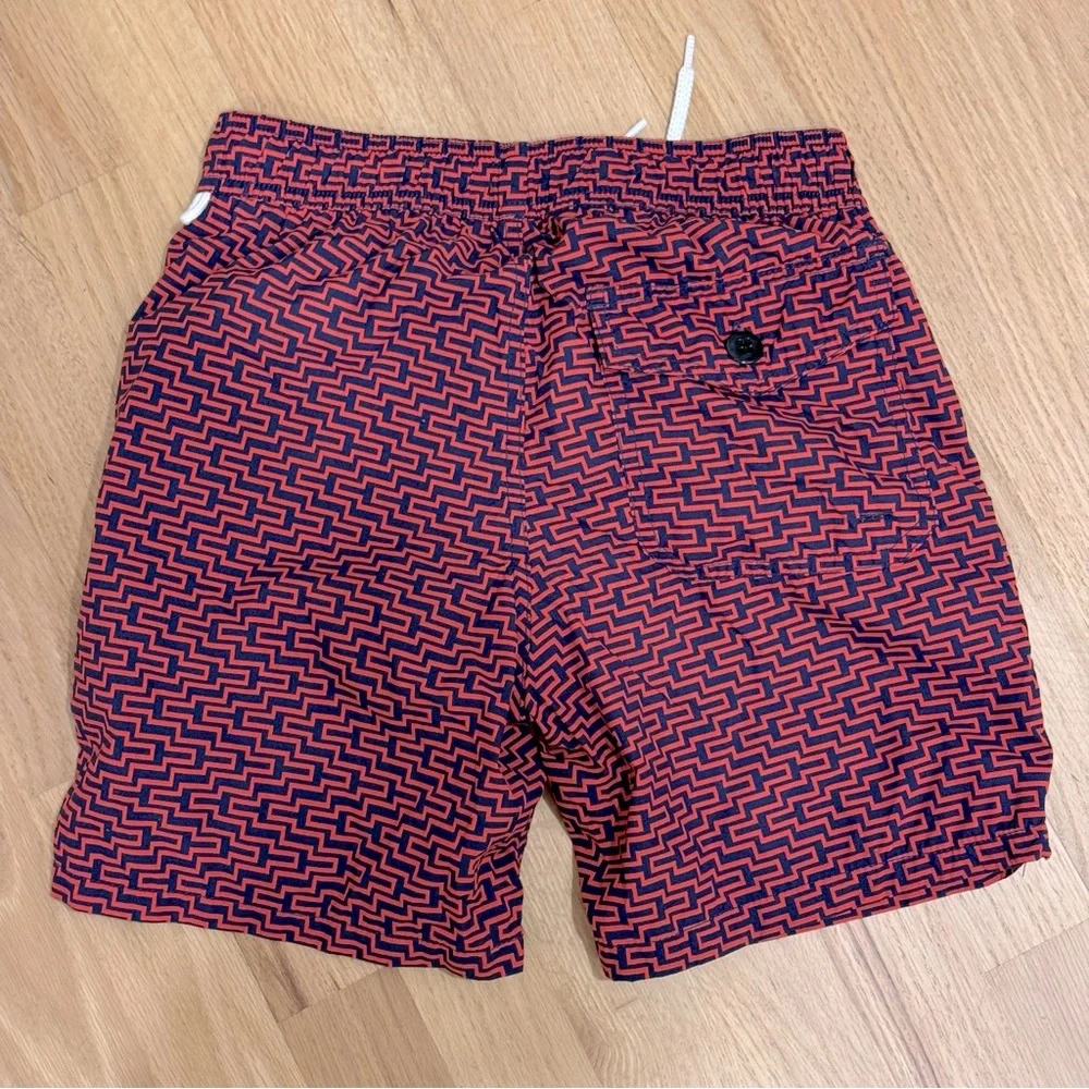 J. Crew Men's Swim Trunk Red Geometric Print Mesh Lined  Size XS